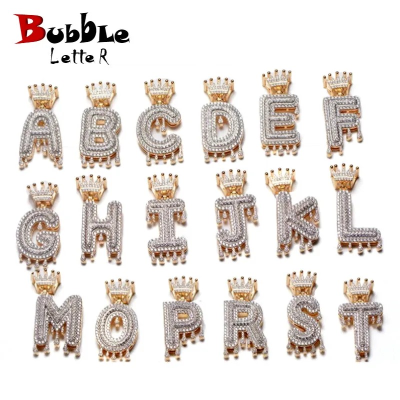

Custom Name Crown Bail Drip Initials Bubble Letters Necklaces & Pendant For Men Women Gold Color Cubic Zircon Hip Hop Jewelry