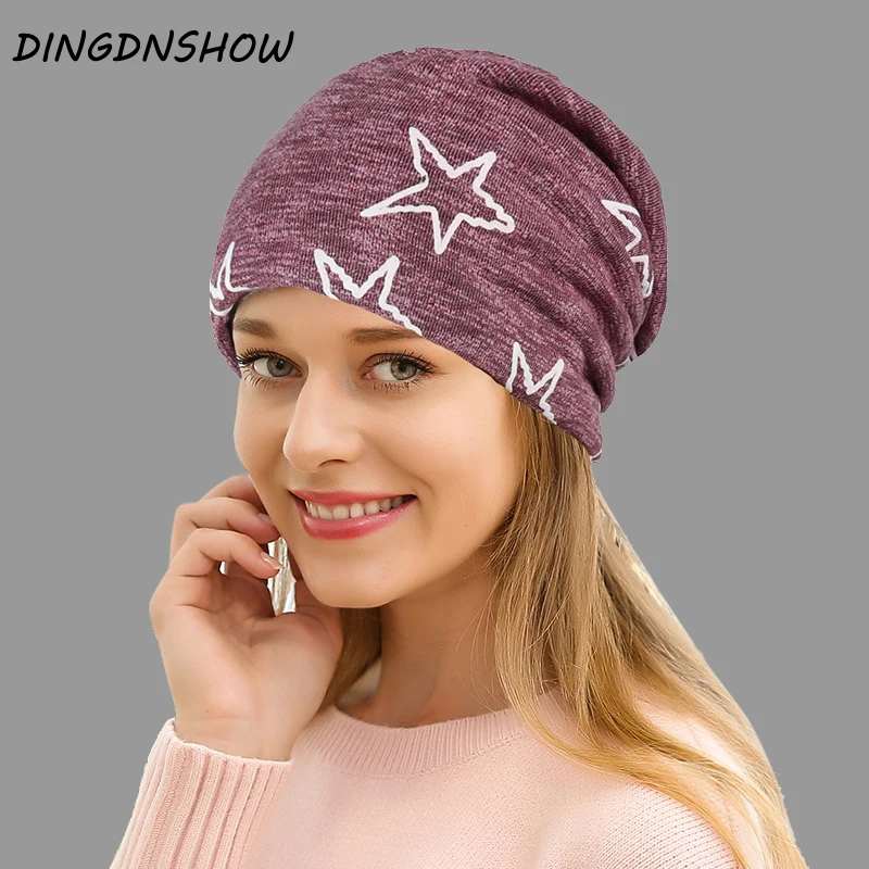 

[DINGDNSHOW] 2019 Brand Beanies Hat Cotton Warm Winter Cap Print Stars Bonnet Hat Lady Knitted Cap for Women