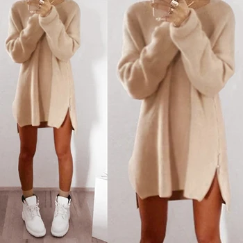 

Hot Women Autumn Winter Dress 2018 Solid Knitted Cotton Sweater Dresses zip Loose O-neck Pullover Female Knitted Dress Vestidos