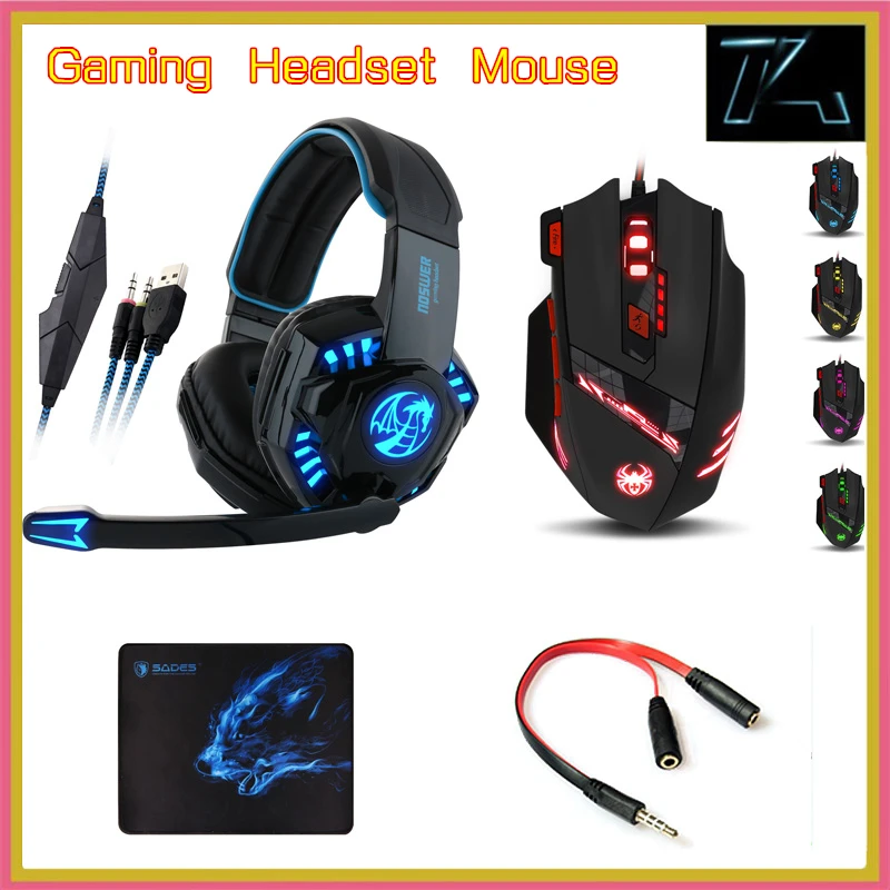 Noswer I8 Gaming Headset Headphones + T90 Mouse + Sades Mousepad with 3.5mm 1 Female to 2 male Audio Adapter for PC Gamer Phones