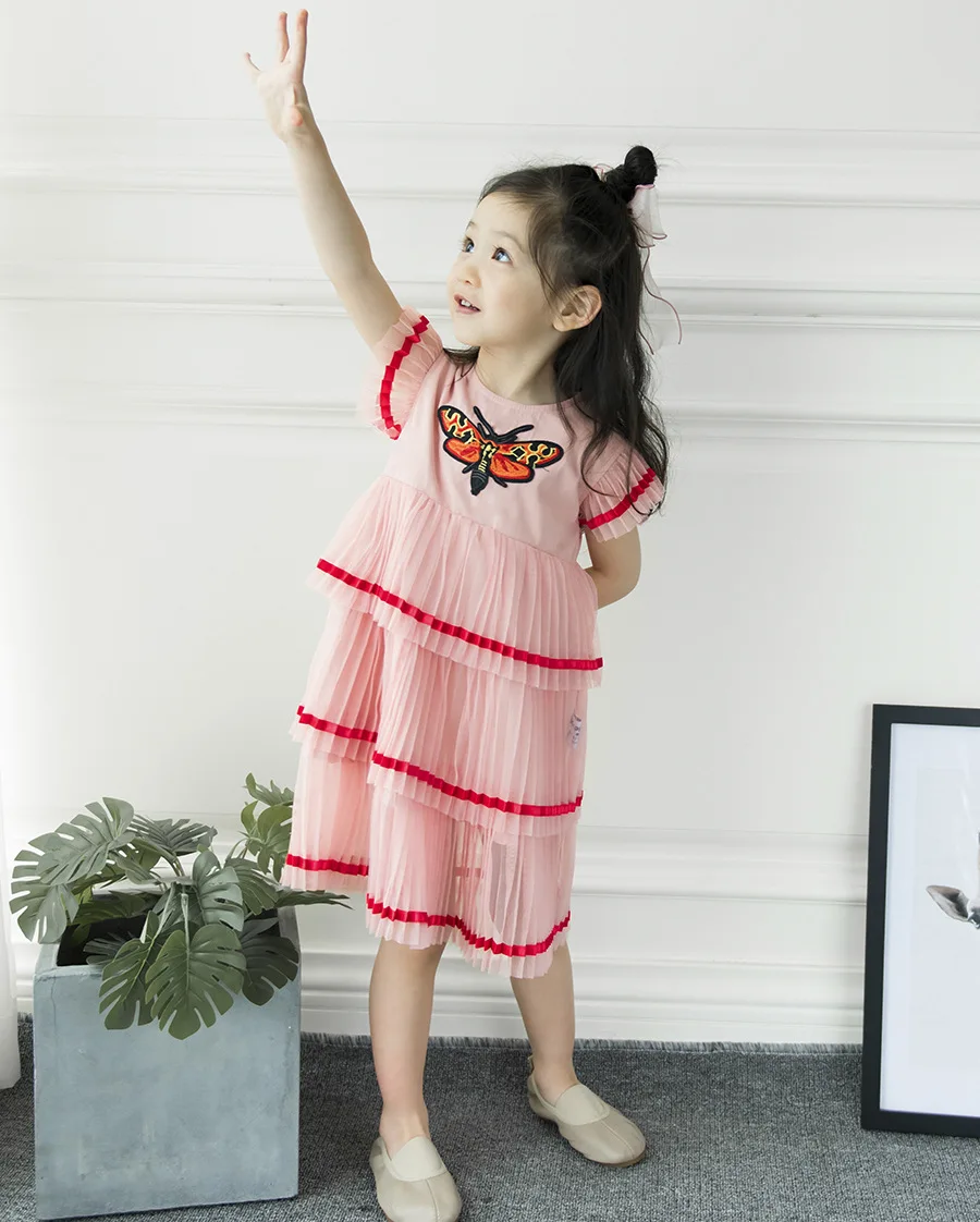 DFXD/ г.; летние платья для маленьких девочек в английском стиле с вышитыми бабочками; розовое многослойное платье для девочек на День рождения; платье принцессы