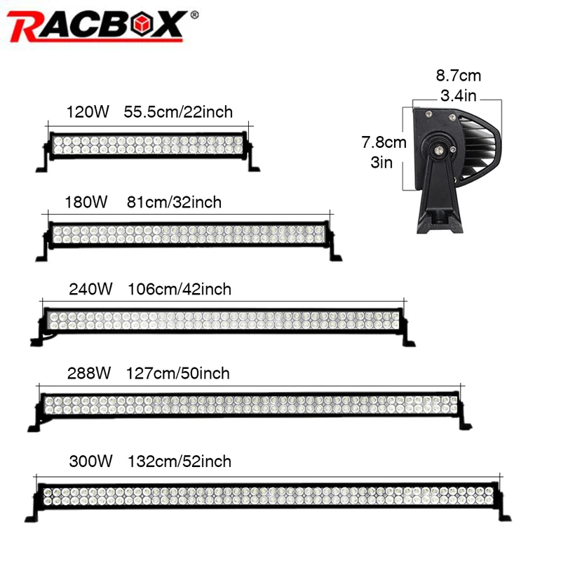 RACBOX 120W 180W 240W 288 300W LED Work Light Bar 22 32 42 50 52 Inch