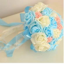 5 цветов букет и запястье корсаж и бутоньерка синий buque de noiva искусственная Роза свадебное для невесты подружки невесты цветы K89