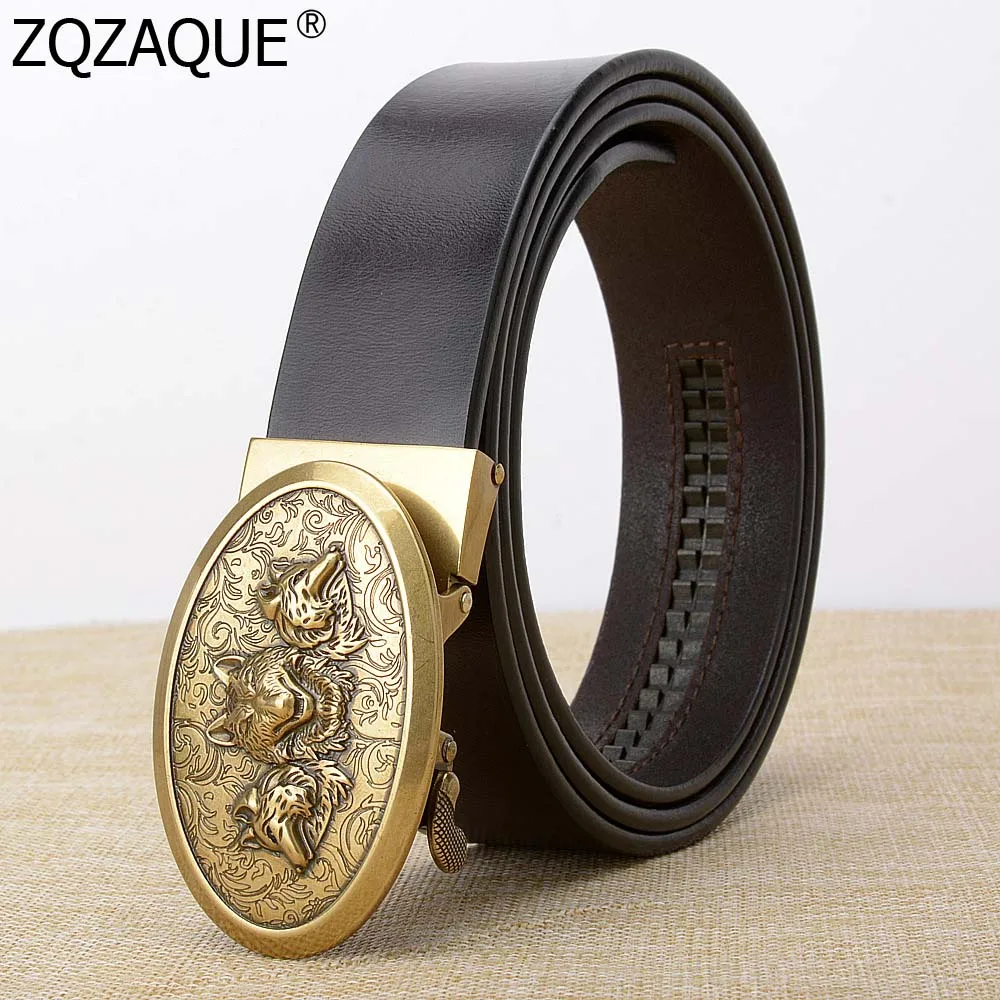 

Luxury Auto Buckle Belts Wolves Head Pattern Brozen Silver Color Automatic Buckle Belt For Boy Men's Ture Leather Straps SY1706