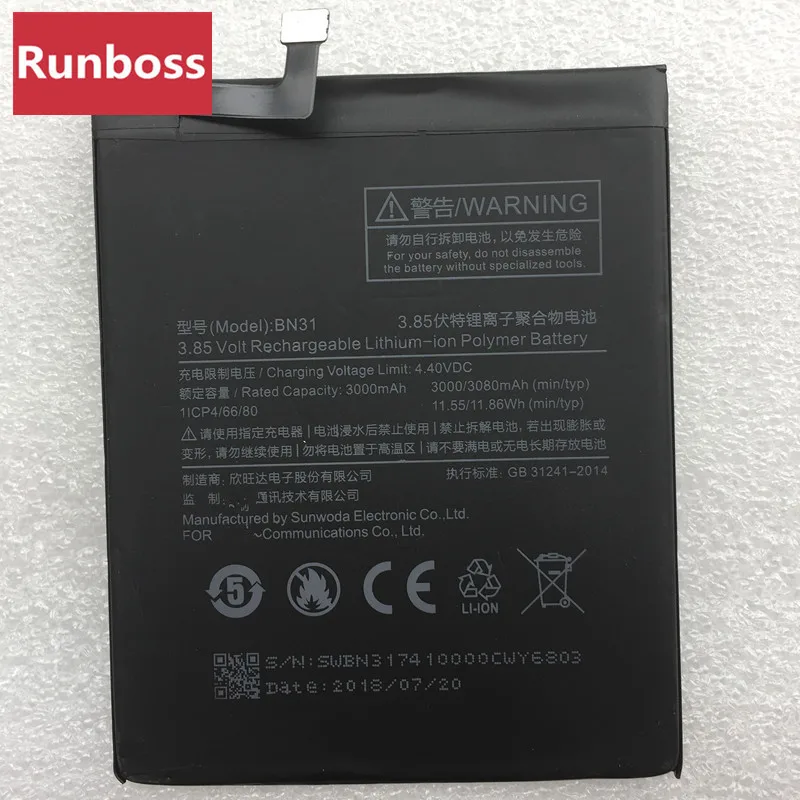 

Original 3080mAh BN31 Battery For Xiaomi Mi A1 / Redmi Y1 Lite Battery