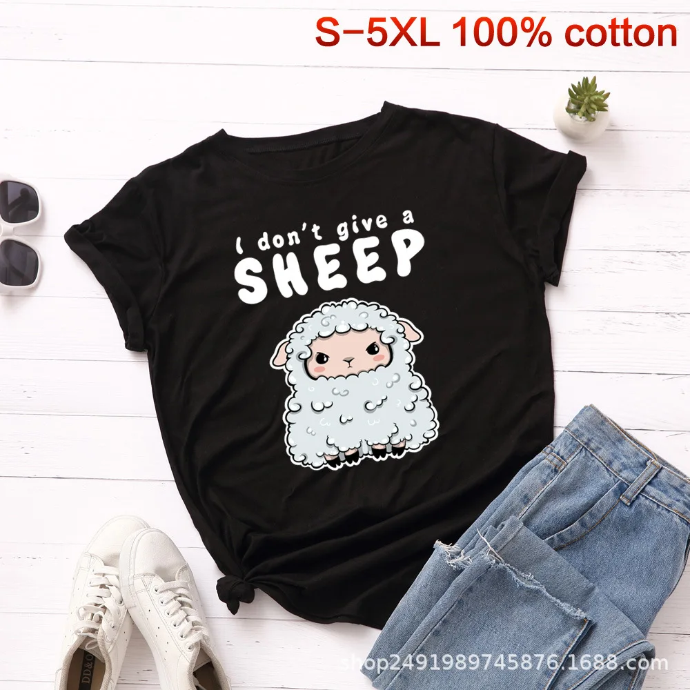 Новинка, женская футболка с принтом "овечки" размера плюс S-5XL, хлопок, круглый вырез, короткий рукав, летняя футболка, топы, Повседневная футболка, женские рубашки - Цвет: Черный