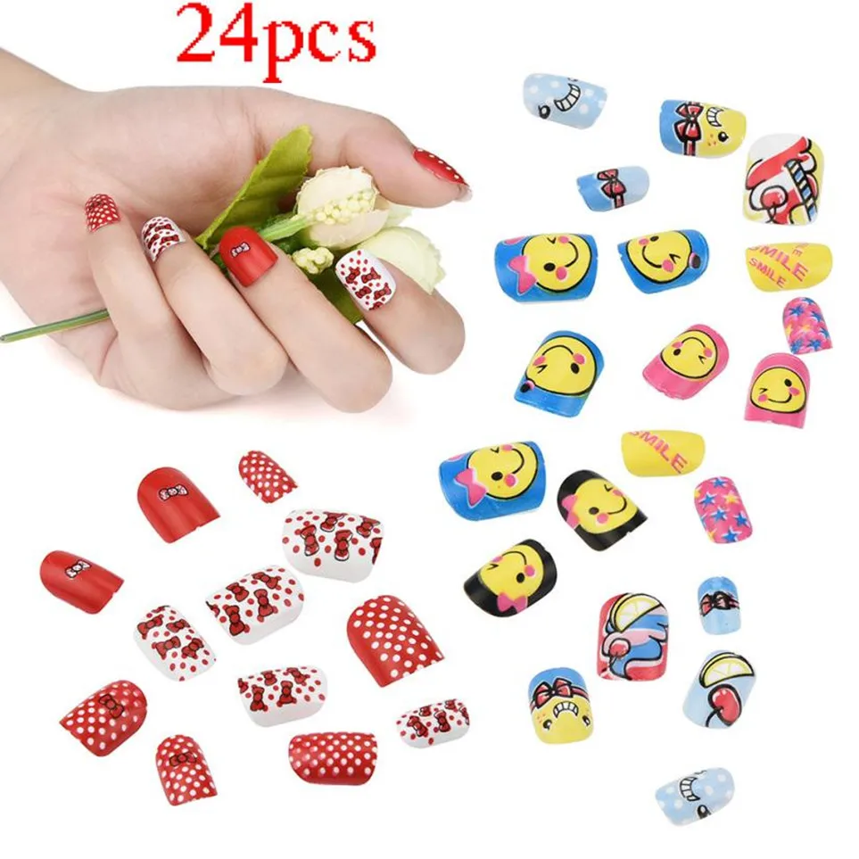 

Cute Creative 24Pcs Kids Press-on False Nails Cartoon Pattern Full Nail Pre-glue For Children Manicure Nail Art Stickers Gift