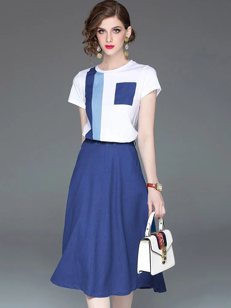 

High Quality Fashion Designer Women Stripe Suit Commuter New T-shirt + A-line skirt Two-piece Female Elegant Sets Spring Trend