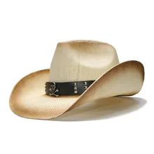 LUCKYLIANJI Ретро бежевые летние модные женские мужские широкими полями соломы Пляж Ковбой Пастушка Западной Шляпа Череп Кожаный ремешок 58 см