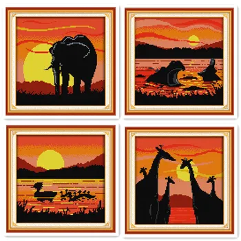 

Beautiful sunset scenery cross stitch kit pattern elephant hippo duck giraffe animal series handmade DIY decoration gift