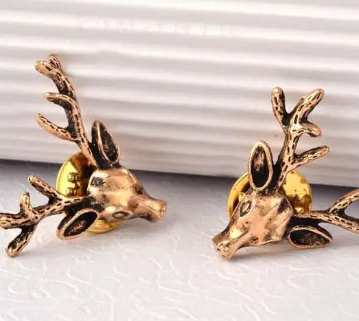 

2 pcs Vintage Bronze Alloy Deer Head Brooch Collar Pin For Christmas Party Fashion Women Collar Lapel Pins Clothing Accessories