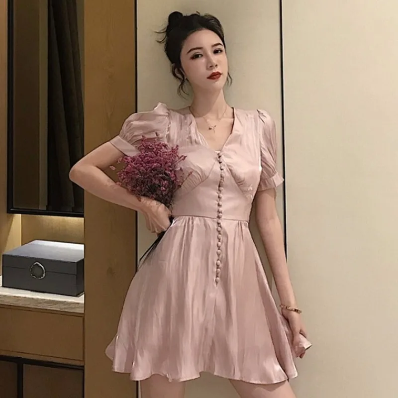 

Robe Femme 2019 New Summer Women Korean Fashion Vintage Solid Sexy V-neck Mini Dress Puff Sleeve Vacation Party Dresses Vestidos