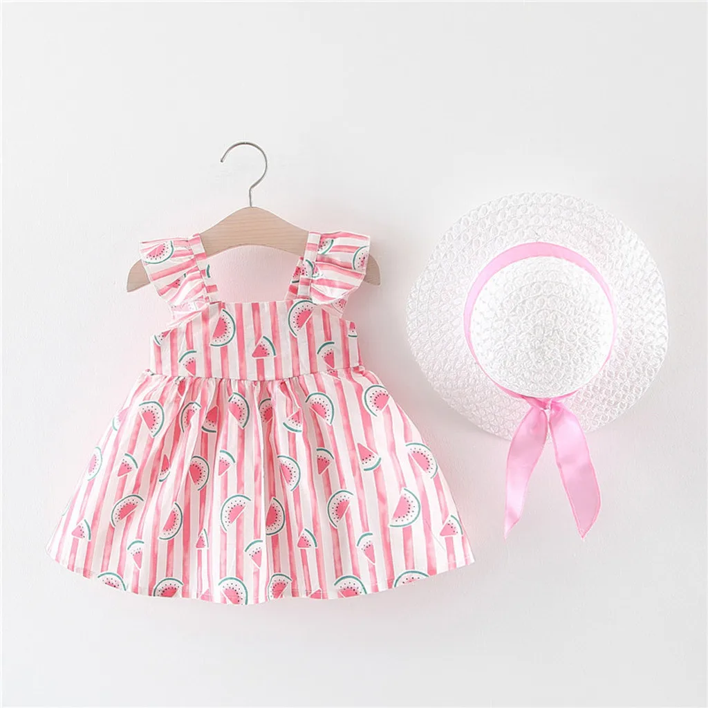 Платье трапециевидной формы с шапочкой для маленьких девочек, комплект из 2 предметов, детское платье в горошек с цветочным рисунком для маленьких девочек, нарядное платье-пачка принцессы+ шляпа, 2 предмета