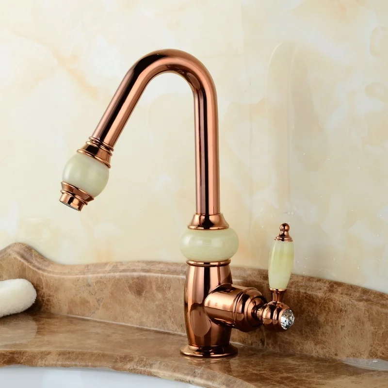 

European style basin faucet pulling type all copper cold tropical nozzle retractable shampoo rose Golden Jade pull out faucet