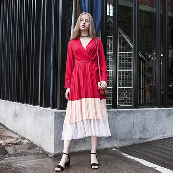 

New Patchwork striking color V-Neck dress Pleated Pleated Full Casual E0860