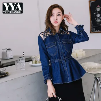

Office Ladies Slim Fit Ruffles Hollow Out Denim Jacket Women Elegant Single Breasted Criss-Cross Elastic Denim Tops Coats Female