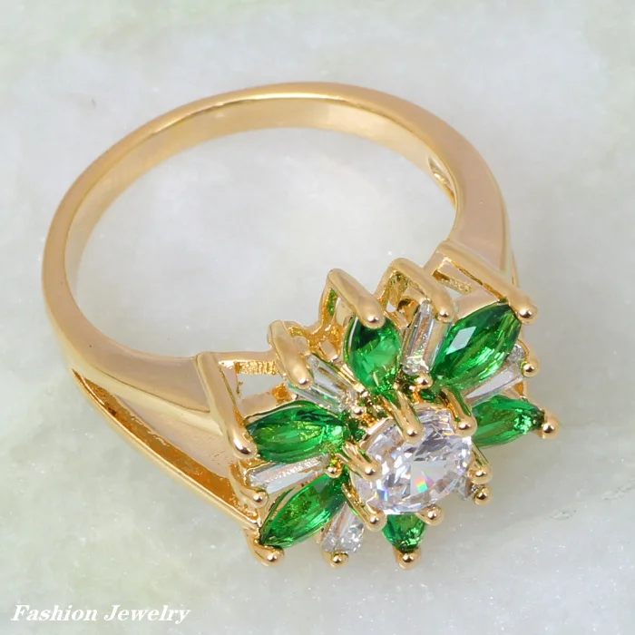 Glam Luxe таинственный Модный золотой цветочный зеленый фианит кулон/кольцо/серьги