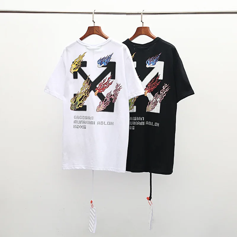 Unisex Off White Hip-hop Cotton Colorful Flame Pattern Sports T-shirt