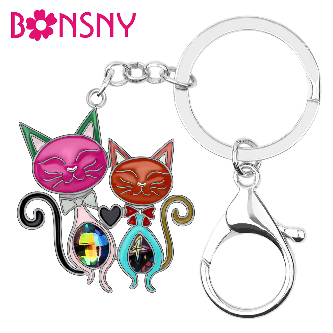 

Bonsny Enamel Alloy Rhinestone Double Cat Kitten Keychains Key Ring For Women Girl Car Purse Handbag New Decoration Gift Jewelry