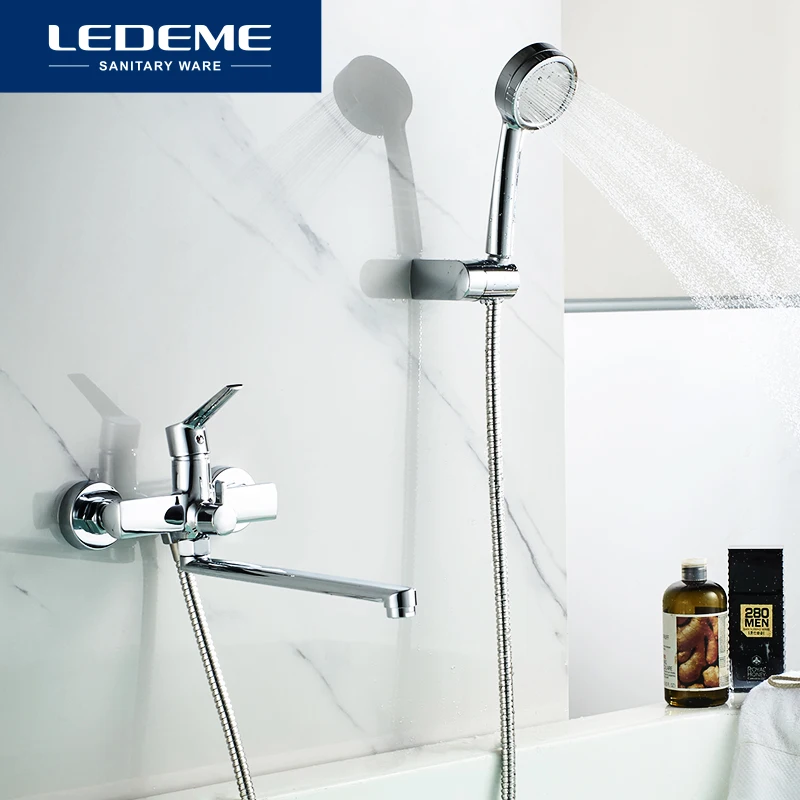 

LEDEME Long Spout Bathtub Shower Faucet Wall Mounted Handheld Shower Mixer Tap Bathtub Faucets Chrome Bath Mixer Faucet L2269