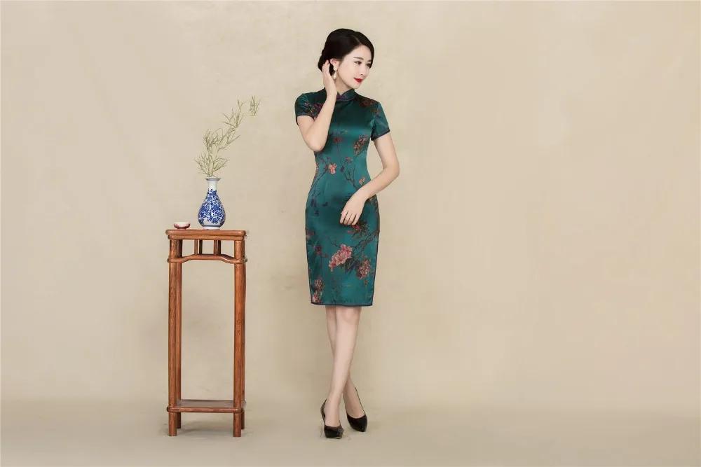 Женское шелковое платье Qipao длина до колена с подкладкой в стиле фолк коротким