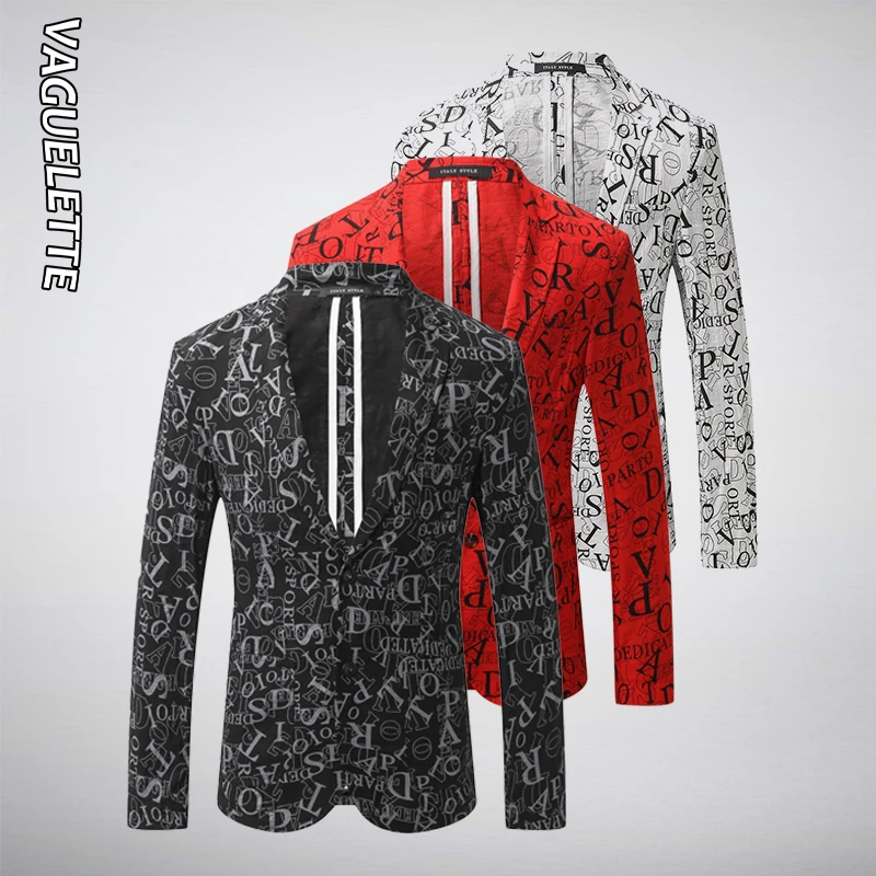 

VAGUELETTE Fashion Letter Print Blazer Men Red/Black/White Stage Blazer With Pocket Party Suit Jacket Linen Blazer For Men M-3XL
