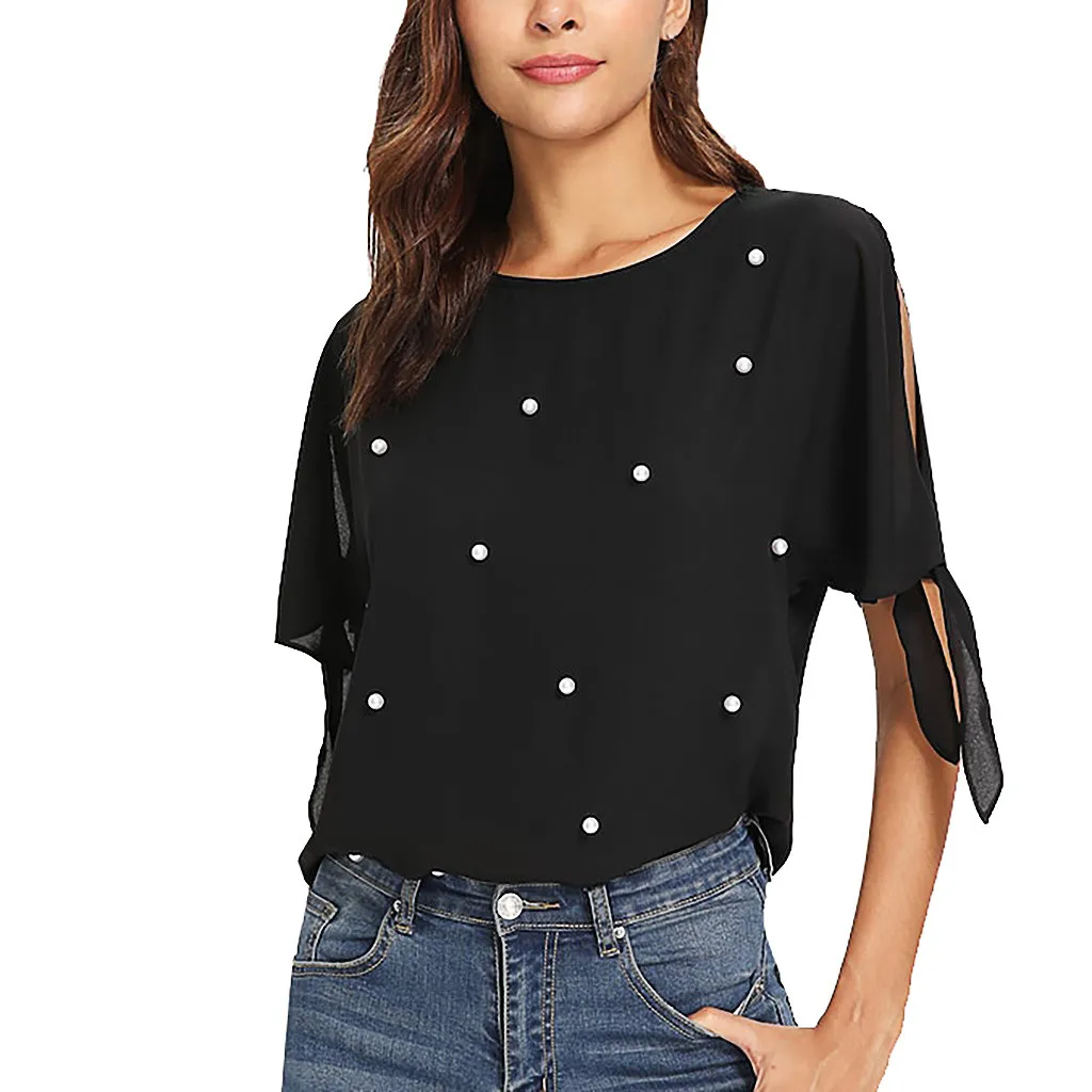 

Women Pearl pearl cuff blouseKnot Cuff Bandage Blouse With O-Neck Tops Shirt Casual Female Summer Daily Blouse Camisas Femininas