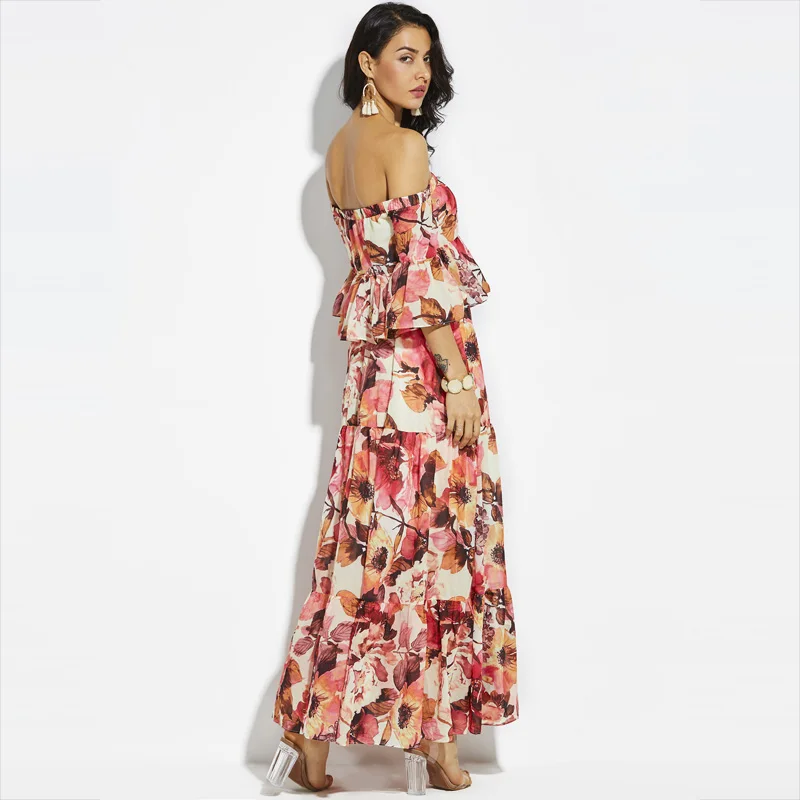 Vintacy Maxi Chiffon Dress Red Floral Sexy Off Shoulder Ruffles Summer Dress Women Flare Sleeve Pleated Plus Size Long Dress Vintacy Maxi Chiffon Dress Red Floral Sexy Off Shoulder Ruffles Summer Dress Women Flare Sleeve Pleated Plus Size Long Dress