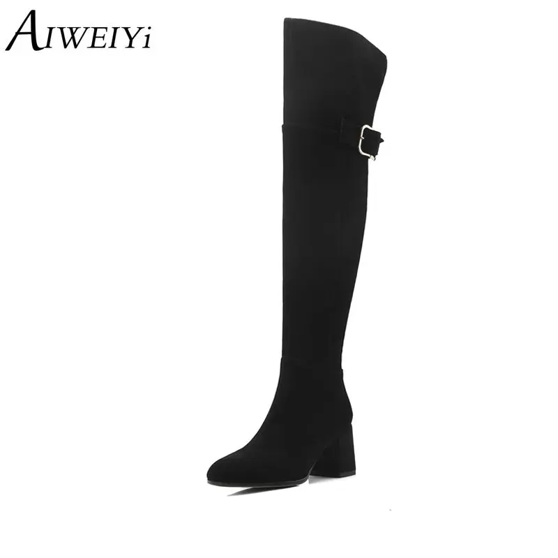 

AIWEIYi Fashion Female Winter Thigh High Boots Cow Suede Leather High Heels Women Over The Knee Shoes