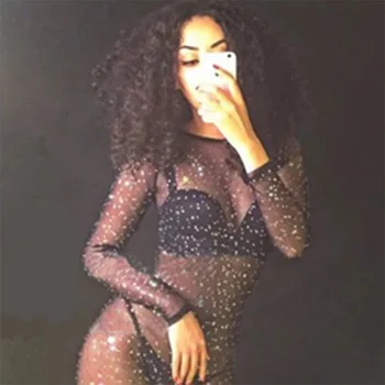 

Black Glisten Crystals Perspective Jumpsuit Sexy Evening Party Wear Rhinestones Bodysuit Costume Prom Birthday Celebrate Outfit