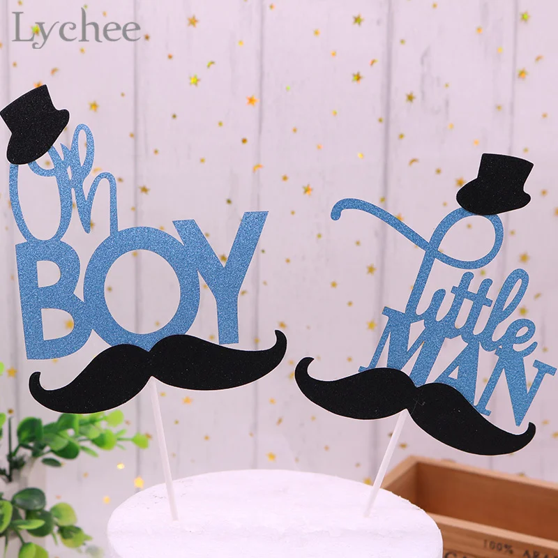 Top Hat Little Man Cake Topper for Baby Boy Birthday Baby Shower Gender Reveal Party Decorations Supplies-Black Double Side Glitter