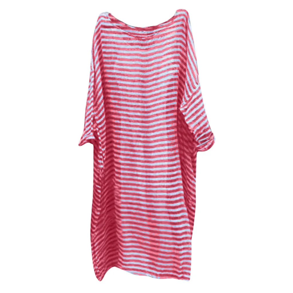 

KLV 2019 Summer Womens latest fashion Plus Size Casual Linen Loose Batwing Sleeve Stripe Print Long Maxi Dress free shipping D4