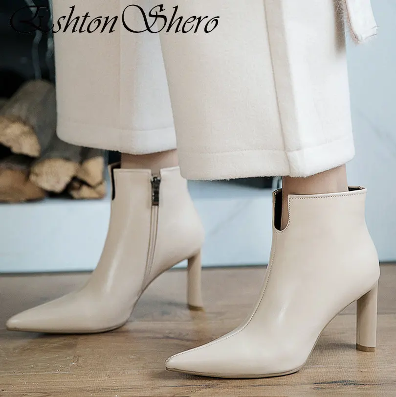 

EshtonShero Women Ankle Boots Shoes Woman High Heels Leather+PU Pointed Toe Zipper Apricot Ladies Motorcycle Boots Size 34-43