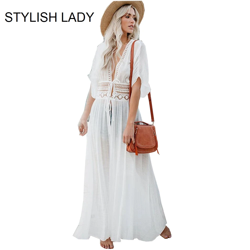 

STYLISH LADY Cardigan Beach Cover Up Dress Women 2019 Summer Loose White Black Beach Dress Bikini Long Dress Sundress Tunic