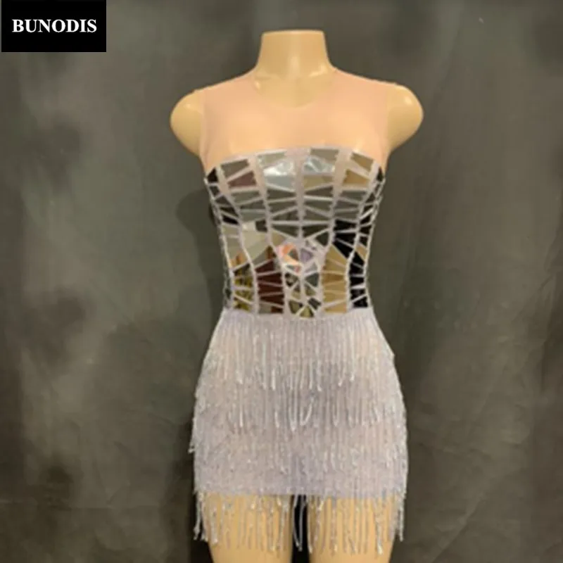

ZD461 Women Sexy Net Yarn Short Skirt Silver Tassel Sparkling Small Mirrors Nightclub Party Stage Wear Dancer Singer Bling