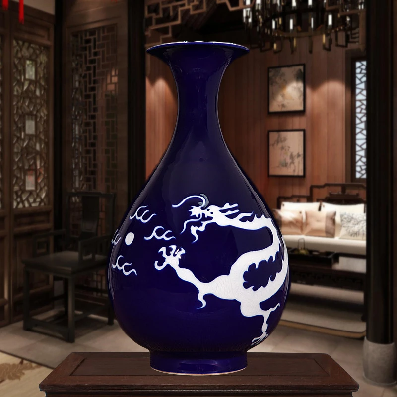 

Jingdezhen Hand Engraved Ceramic Vase Noble Blue Dragon Floor Vase Big Size Vase Home Furnishing Articles Sitting Room