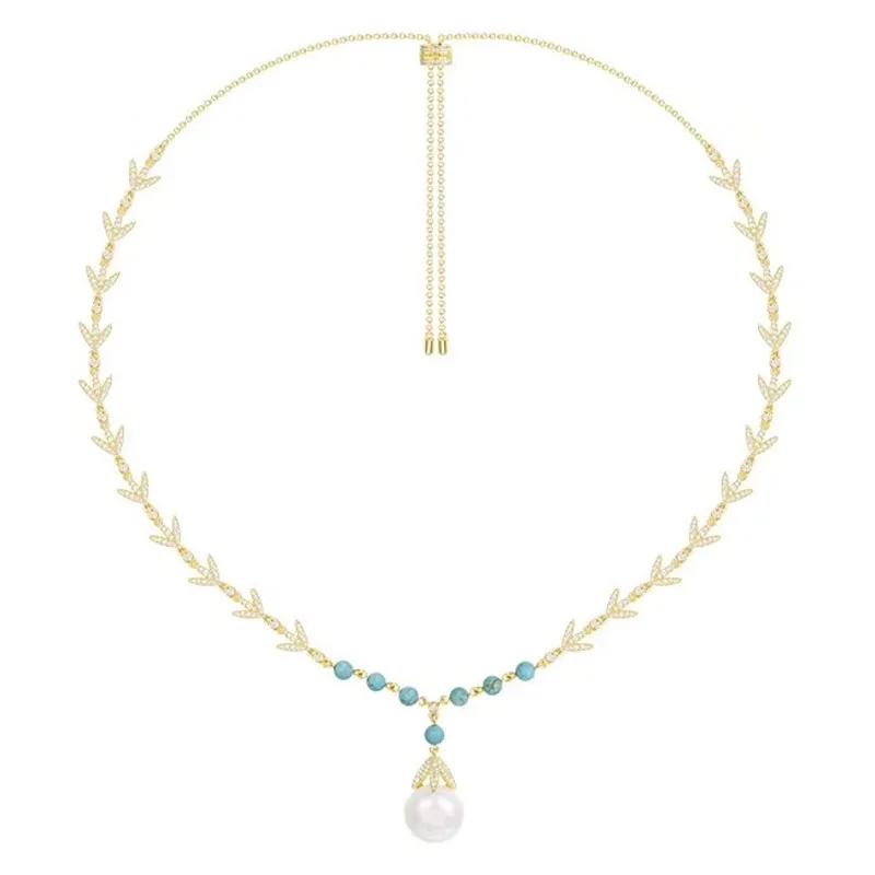 

SLJELY 925 Sterling Silver Yellow Gold Color Laurel Leaves Necklace with Pearl Blue Stones Zircon Women Luxury Brand Jewelry