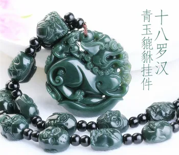 

Natural green wada stone pendant hand-carved PIXIU head beads pendant + 18 arhats/1