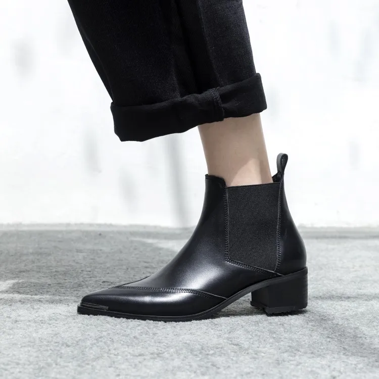 Simple Black Cow Leather Boots Pointed Toe Flat Ankle ...