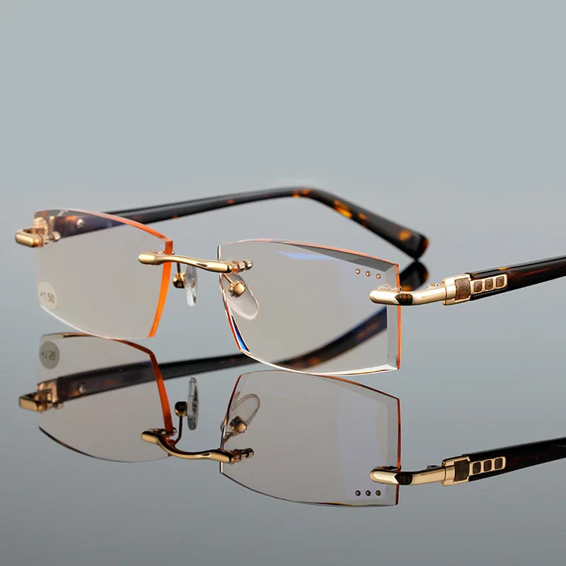

High Quality Brown Grey Men Presbyopia Square Reading Glasses Rimless Trimming Cutting Spectacles For Men +1.00-+4.00