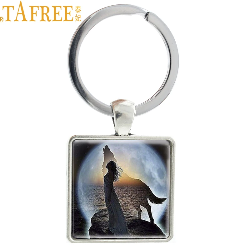 

TAFREE Art Painting Beauty Girl and Wolf Beside Moon Keychain Animal Wolf Pendant Key Ring Holder Fashion Jewelry Gift E365