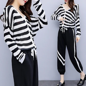 

Large Size Stripe 2 Piece Set Women Tracksuit Casual Striped Women Two Piece Outfits Ensemble Femme Survetement Tracksuits