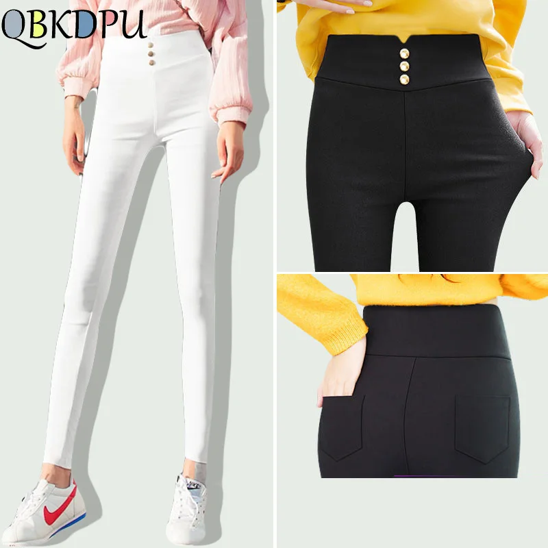 

2019 Plus Size Solid Pencil Pants Women's Slim Leggings High Waist Stretch Trousers Female Elastic Casual Black White streetwear