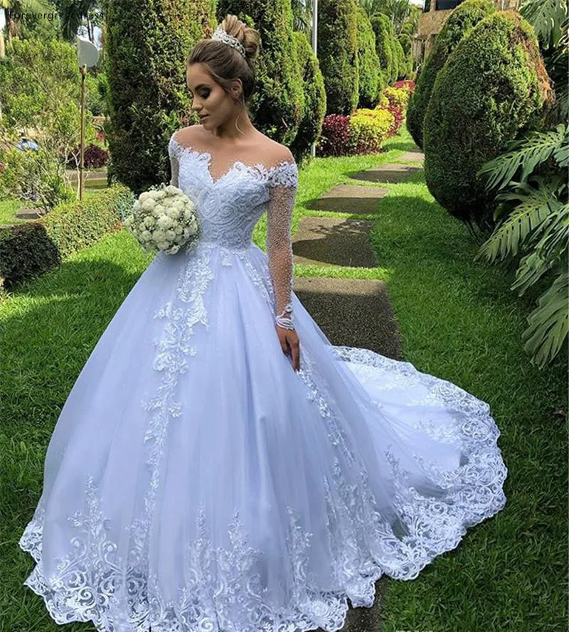 Modest 2019 Long Sleeve Wedding Dresses Western Garden A Line Sheer Off Shoulder Appliqued Ruched Long Bride Wedding Gowns  164 (2)