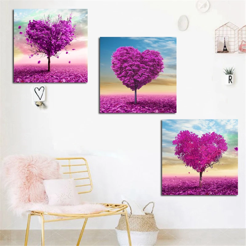 

3 Panel Print Modern Purple Flower Love Heart Creative Landscape Painting Modular Wall Picture Poster for Living Room Home Decor