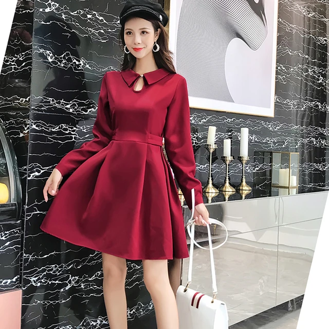 Vestido Rojo de Navidad para mujer, prenda elegante de manga larga, ajustada, Color sólido, para fiesta, otoño 2018 - AliExpress