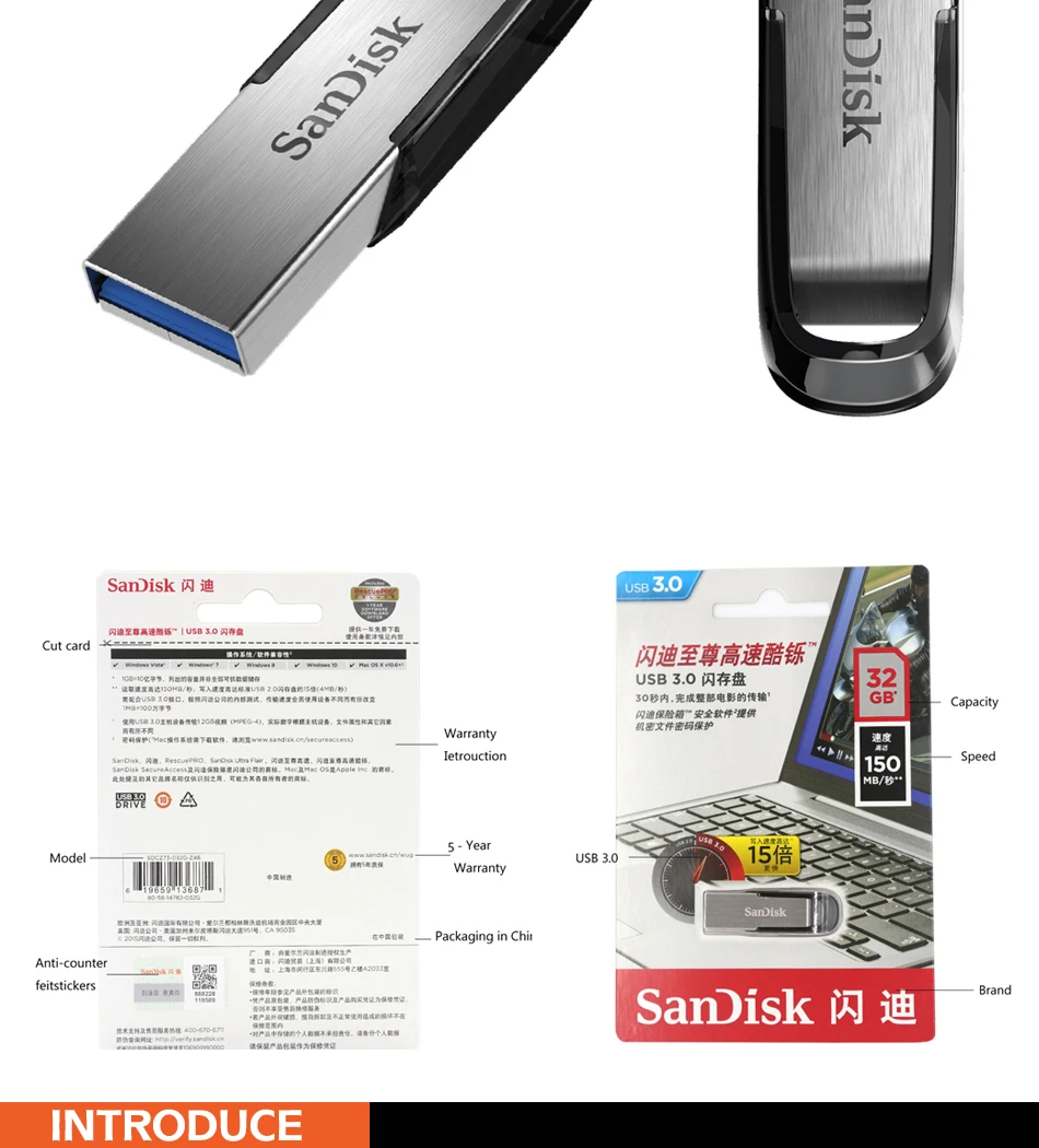 SanDisk USB флеш-накопитель 32 Гб 64 Гб 128 ГБ USB 3,0 Металлический накопитель для шифрования 16 Гб карта памяти устройство для хранения U диск CZ73