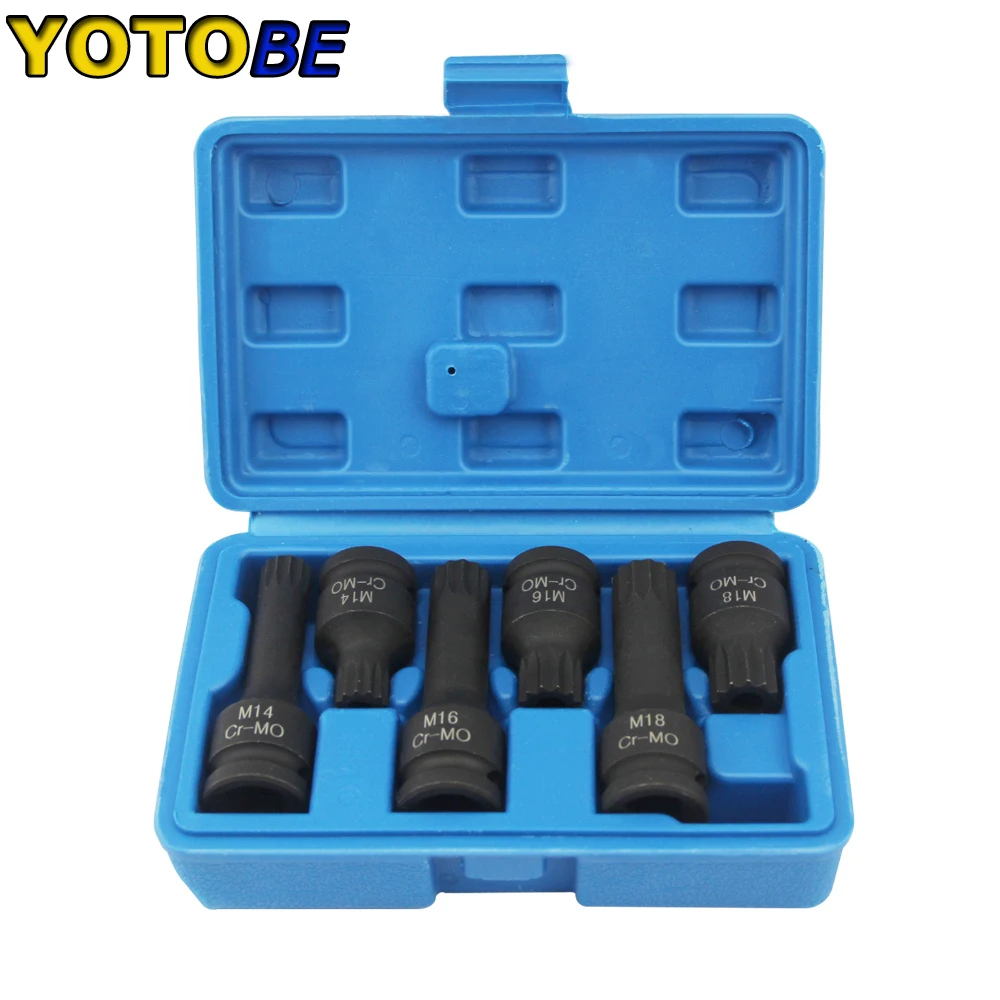 

6pc Cr-Mo 1/2" Dr. Spline Impact Socket Bits Set 45mm & 78mm Length M14,M16,M18