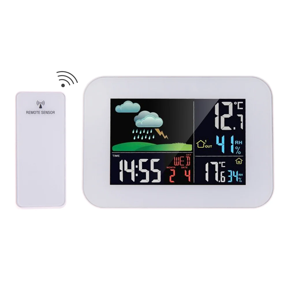 

EU US Plug Wireless Color Weather Station In/Outdoor Forecast Temperature Humidity Alarm And Snooze Thermometer Hygrometer