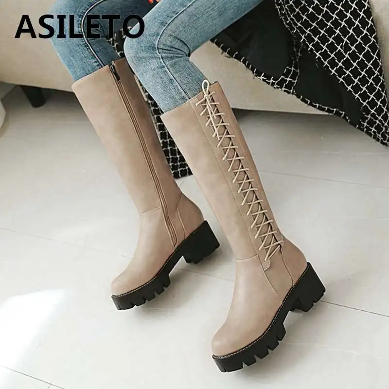 

ASILETO size 33-43 zipper platform boots for women square heels cross-tied motorcycle riding round toe booties botas mujer botta